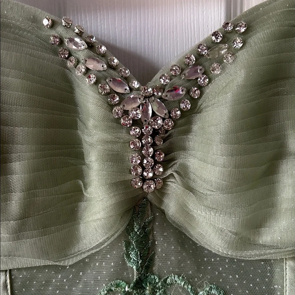 Sage Green Tulle Party Dress with Puff Sleeves - Picture 3 of 10